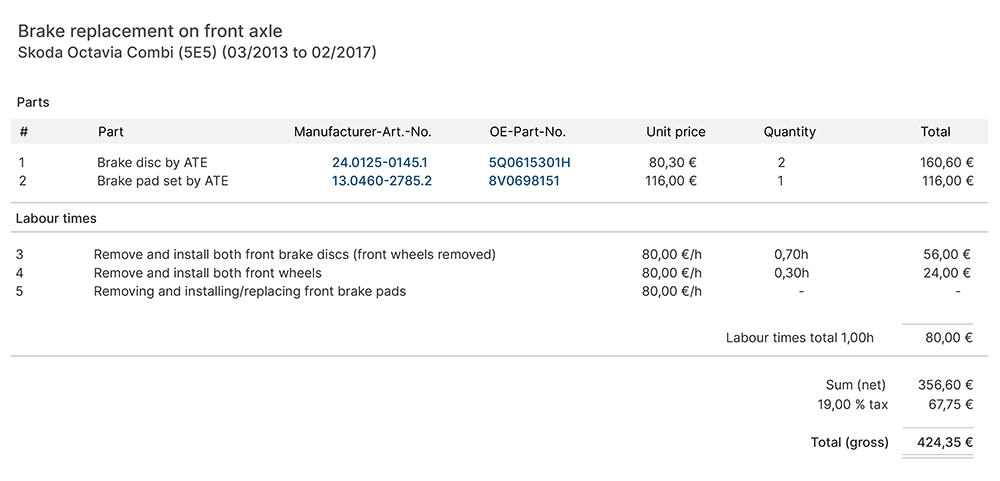 Example repair calculation for brake replacment
